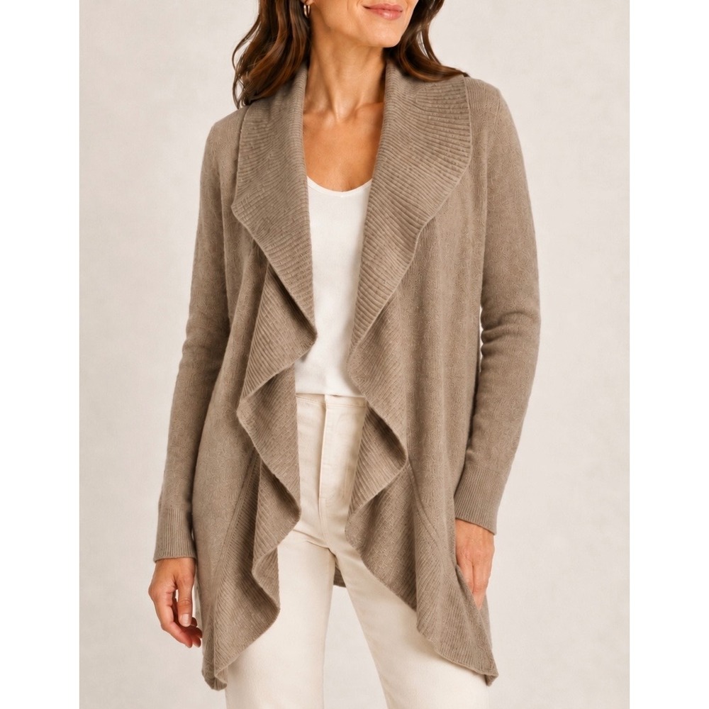 Cynthia Rowley Cardigan 100% Cashmere‎ Ruffle Open Front Taupe Beige Medium